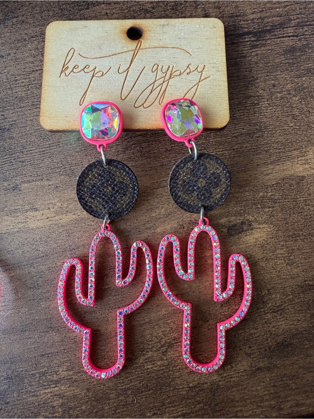 Pink Crystal Cactus Drop Earrings with up cycled Louis Vuitton